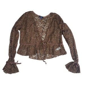 Delias Brown Lace Cardigan Babydoll Sheer Front Tie XXL Brown coquette